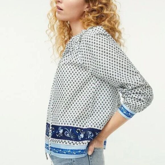 J.CREW white with blue ribbon block print tie-front ruffle top S - Picture 4 of 11
